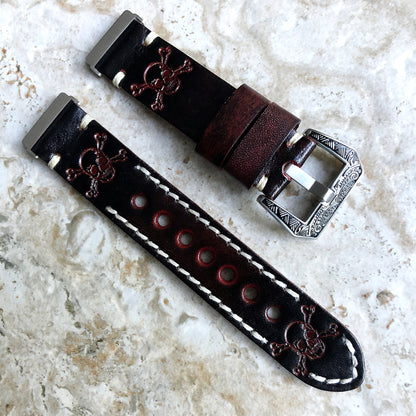 Fitbit Versa 2 3 4 Sense 2 Band Dark Brown Skull Crossbones Embossed Leather Bracelet Watch Strap Quick Release Silver Rose Gold Black