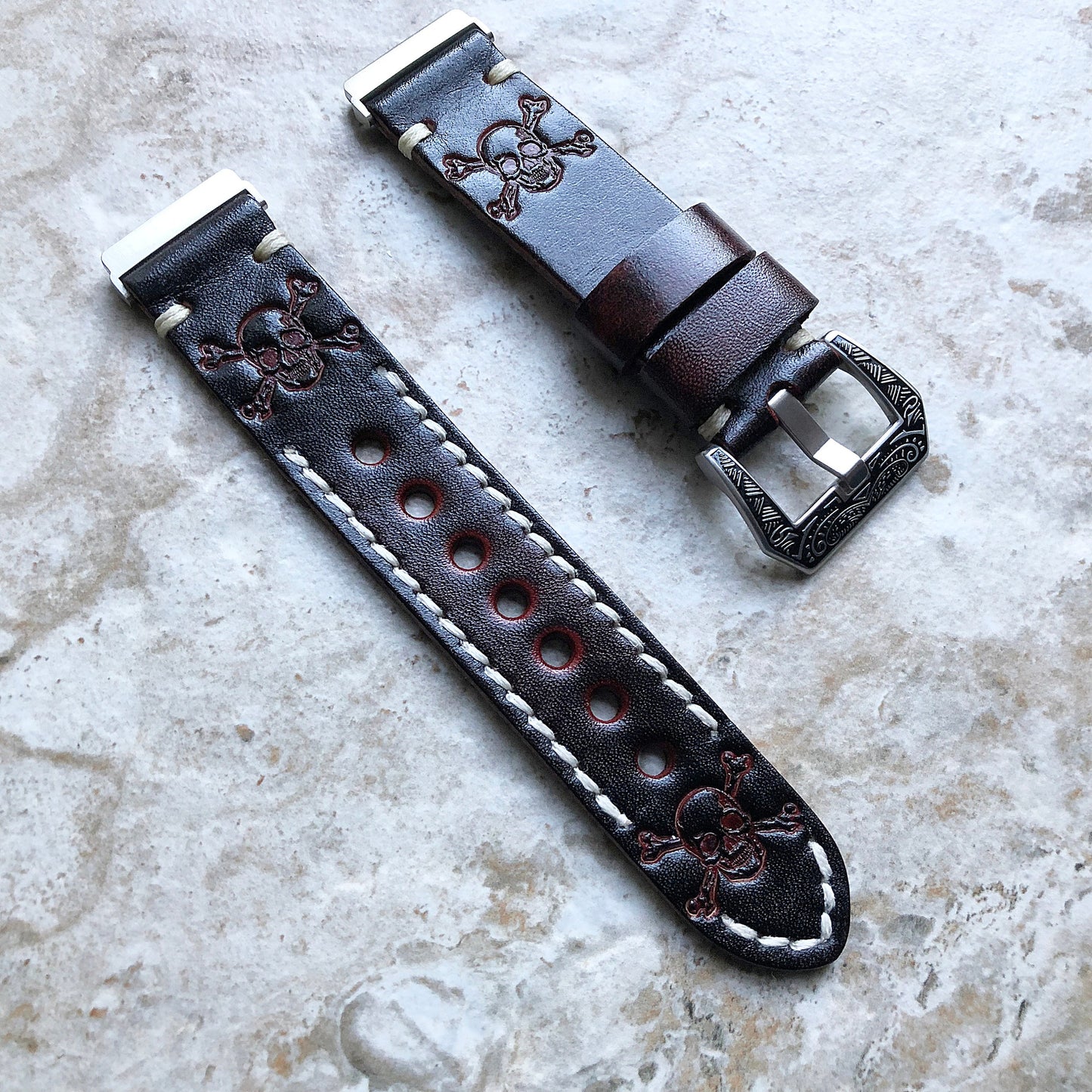 Fitbit Versa 2 3 4 Sense 2 Band Dark Brown Skull Crossbones Embossed Leather Bracelet Watch Strap Quick Release Silver Rose Gold Black