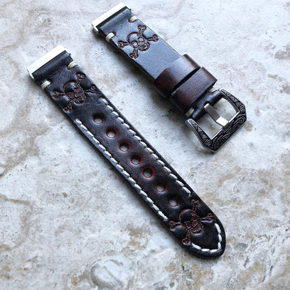 Fitbit Versa 2 3 4 Sense 2 Band Dark Brown Skull Crossbones Embossed Leather Bracelet Watch Strap Quick Release Silver Rose Gold Black