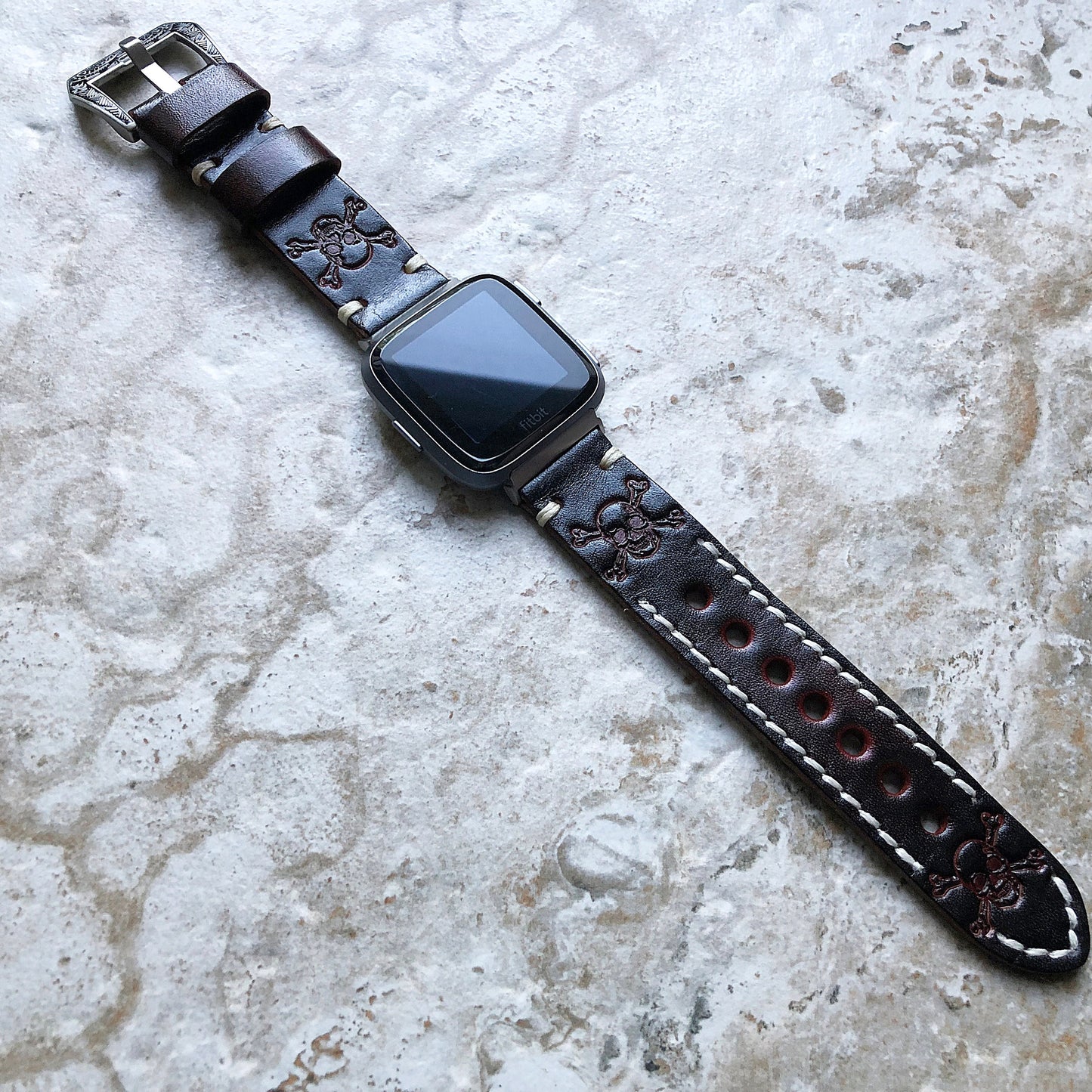 Fitbit Versa 2 3 4 Sense 2 Band Dark Brown Skull Crossbones Embossed Leather Bracelet Watch Strap Quick Release Silver Rose Gold Black