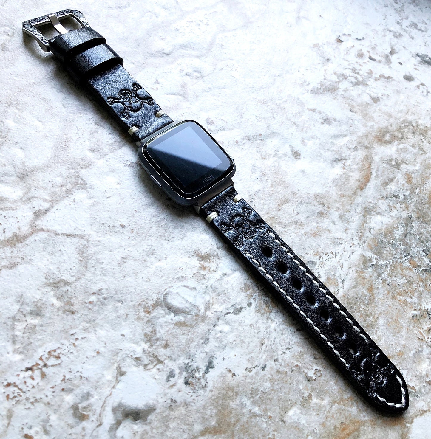 Fitbit Versa 2 3 4 Sense 2 Band Black Skull Crossbones Tooled Embossed Leather Bracelet Watch Strap Quick Release Silver Rose Gold Black