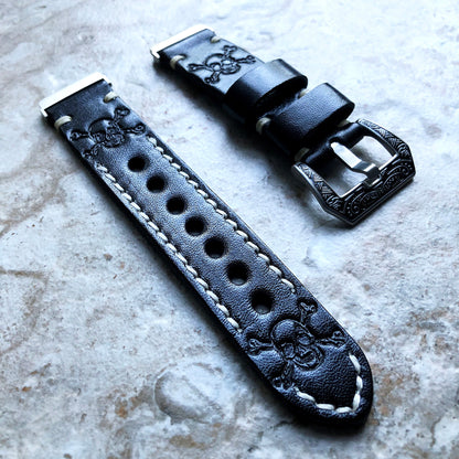 Fitbit Versa 2 3 4 Sense 2 Band Black Skull Crossbones Tooled Embossed Leather Bracelet Watch Strap Quick Release Silver Rose Gold Black