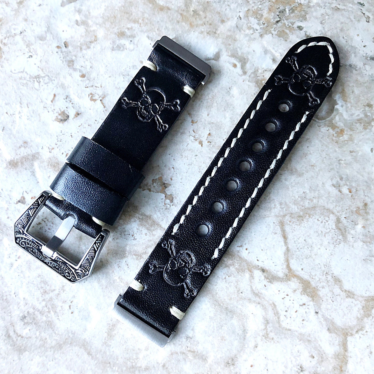 Fitbit Versa 2 3 4 Sense 2 Band Black Skull Crossbones Tooled Embossed Leather Bracelet Watch Strap Quick Release Silver Rose Gold Black