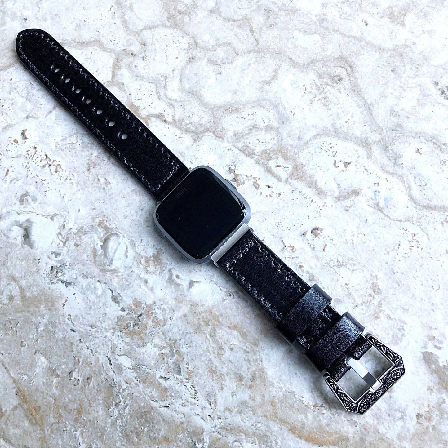 Fitbit Versa 2 3 4 Sense 2 Black Band Fully Stitched Handmade Thick Leather Strap Bracelet Watch Quick Release Silver Rose Gold Black