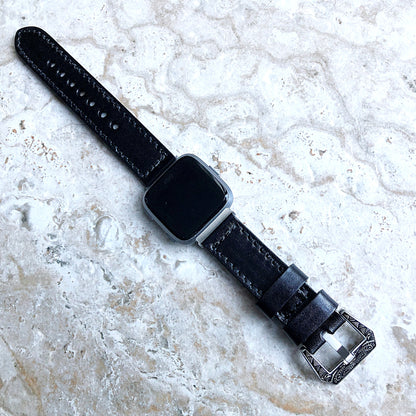 Fitbit Versa 2 3 4 Sense 2 Black Band Fully Stitched Handmade Thick Leather Strap Bracelet Watch Quick Release Silver Rose Gold Black