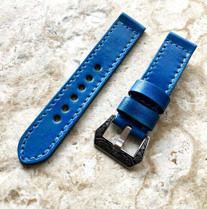 Blue Brushed Band 22mm 24mm 25mm Compatible with Apple Watch Fitbit Versa 2 3 4 Sense 2 Ionic Double Sided Stitched Real Leather Strap