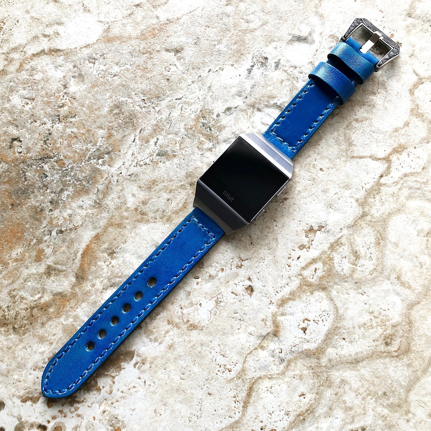 Blue Brushed Band 22mm 24mm 25mm Compatible with Apple Watch Fitbit Versa 2 3 4 Sense 2 Ionic Double Sided Stitched Real Leather Strap