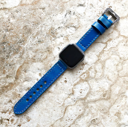 Blue Brushed Band 22mm 24mm 25mm Compatible with Apple Watch Fitbit Versa 2 3 4 Sense 2 Ionic Double Sided Stitched Real Leather Strap