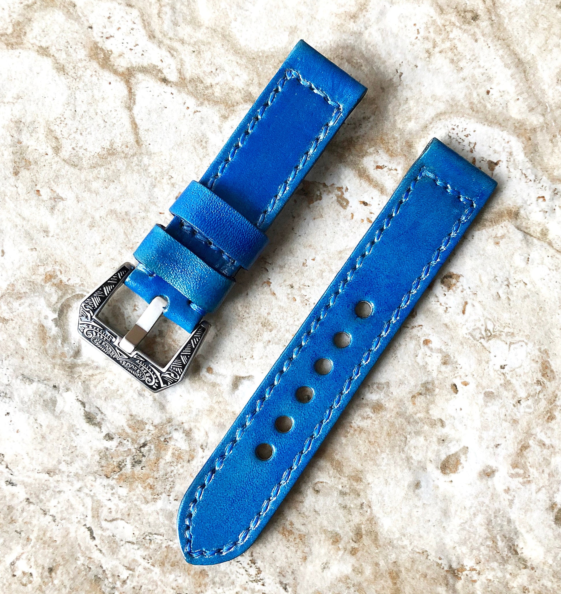 Blue Brushed Band 22mm 24mm 25mm Compatible with Apple Watch Fitbit Versa 2 3 4 Sense 2 Ionic Double Sided Stitched Real Leather Strap