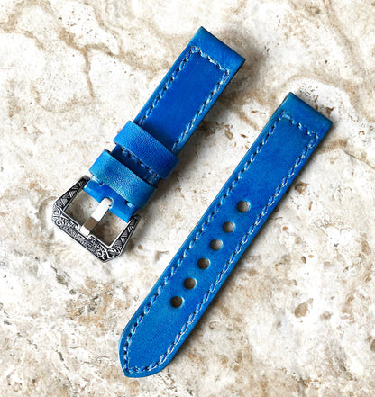 Blue Brushed Band 22mm 24mm 25mm Compatible with Apple Watch Fitbit Versa 2 3 4 Sense 2 Ionic Double Sided Stitched Real Leather Strap