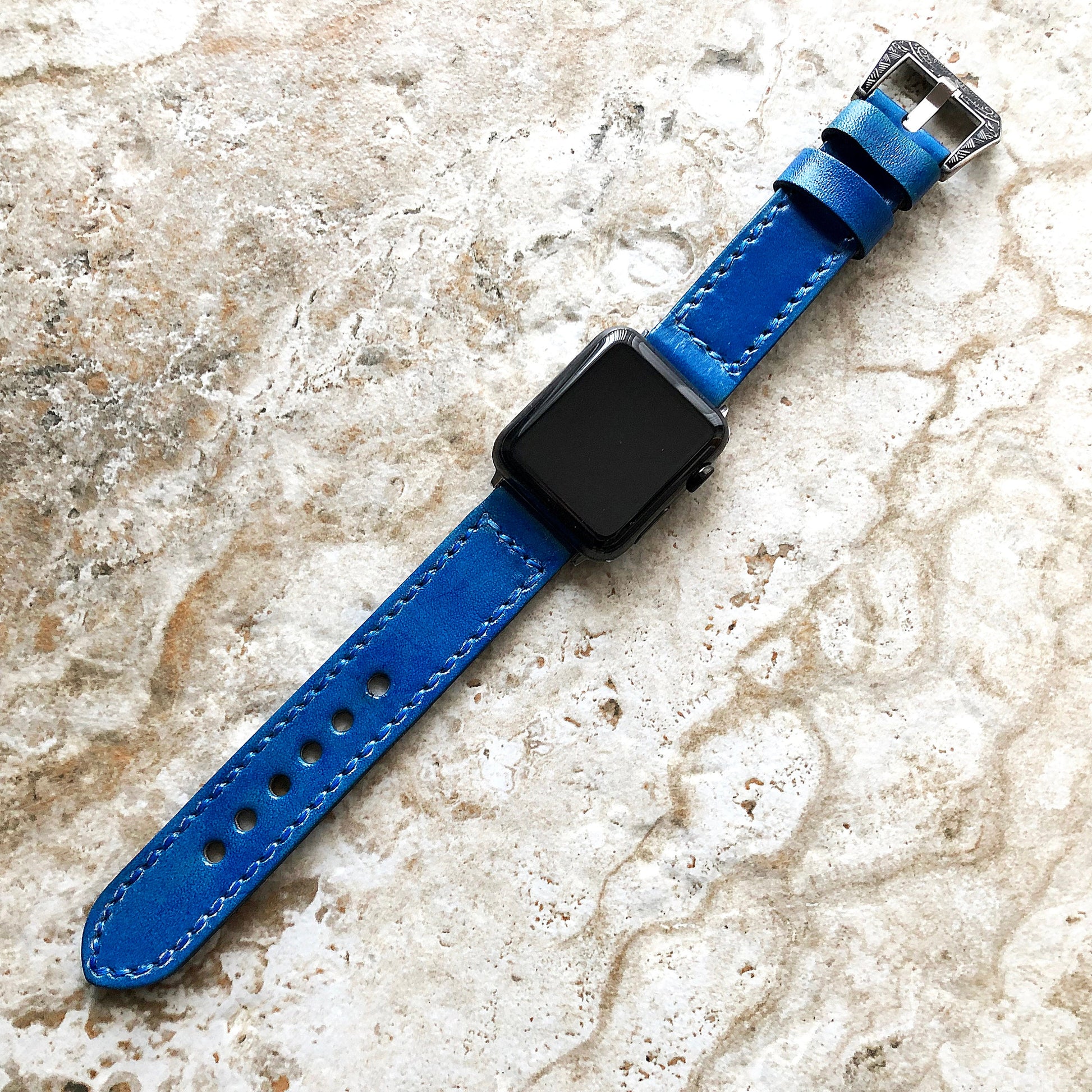 Blue Brushed Band 22mm 24mm 25mm Compatible with Apple Watch Fitbit Versa 2 3 4 Sense 2 Ionic Double Sided Stitched Real Leather Strap