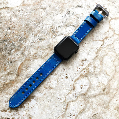 Blue Brushed Band 22mm 24mm 25mm Compatible with Apple Watch Fitbit Versa 2 3 4 Sense 2 Ionic Double Sided Stitched Real Leather Strap