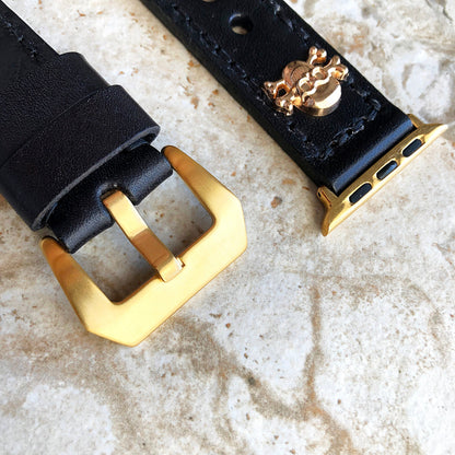 Apple Watch Band Black Leather Metal Rivets Skull Crossbones for Ultra 2 and 9 8 Series iWatch 41mm 45mm 49mm Handmade Bracelet Strap GL
