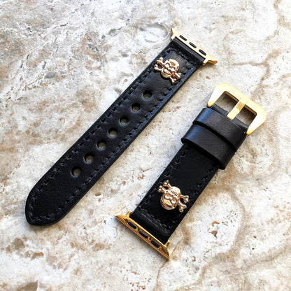 Apple Watch Band Black Leather Metal Rivets Skull Crossbones for Ultra 2 and 9 8 Series iWatch 41mm 45mm 49mm Handmade Bracelet Strap GL