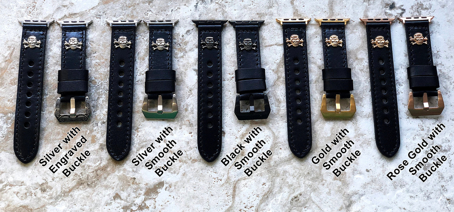 Apple Watch Bands Black Leather with Metal Rivets Skull Crossbones for Ultra 2 & 9 8 Series iWatch 41mm 45mm 49mm Handmade Bracelet Strap AL