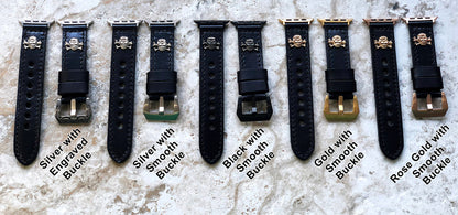 Apple Watch Band Black Leather Metal Rivets Skull Crossbones for Ultra 2 and 9 8 Series iWatch 41mm 45mm 49mm Handmade Bracelet Strap RGL