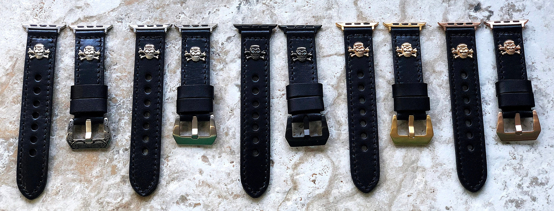 Apple Watch Bands Black Leather with Metal Rivets Skull Crossbones for Ultra 2 & 9 8 Series iWatch 41mm 45mm 49mm Handmade Bracelet Strap AL