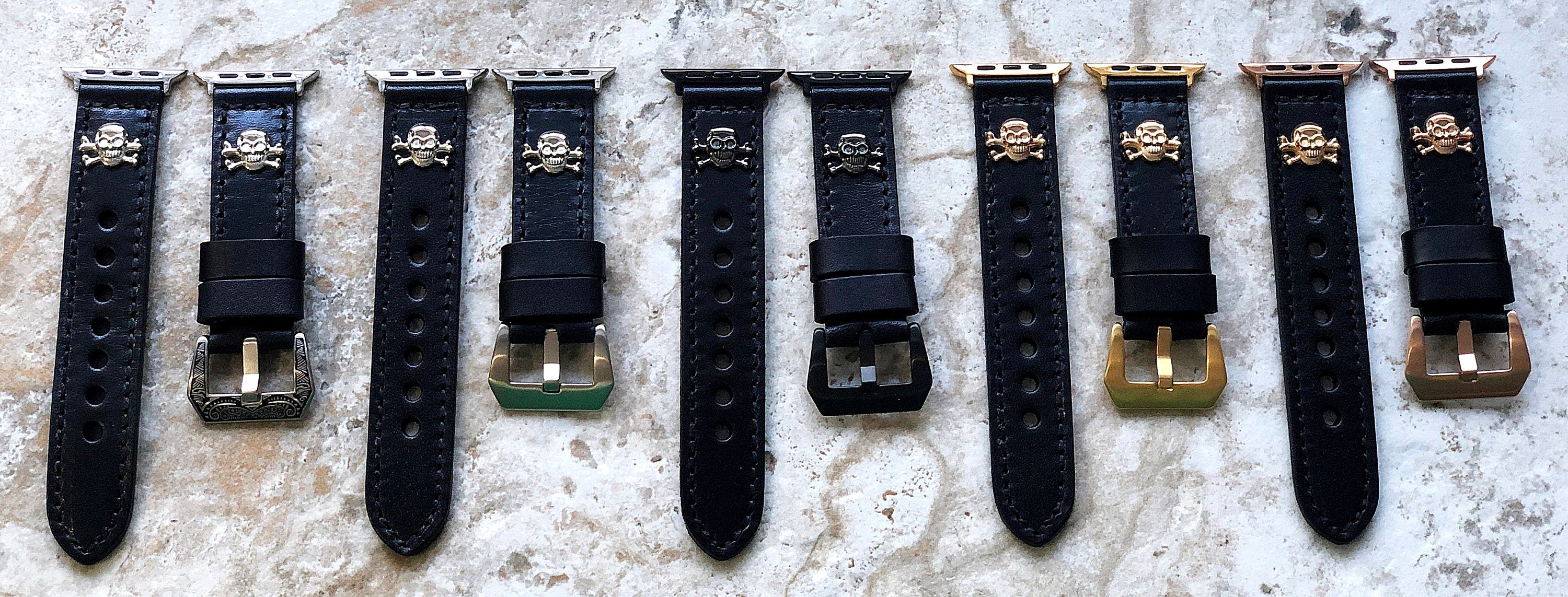 Apple Watch Bands Black Leather with Metal Rivets Skull Crossbones for Ultra 2 & 9 8 Series iWatch 41mm 45mm 49mm Handmade Bracelet Strap AL