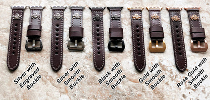 Apple Watch Band Brown Leather with Metal Rivets Skull Crossbones for Ultra 2 9 8 7 6 SE 5 4 3 2 iWatch 38 40 41 42 44mm 45mm 49mm Strap AL