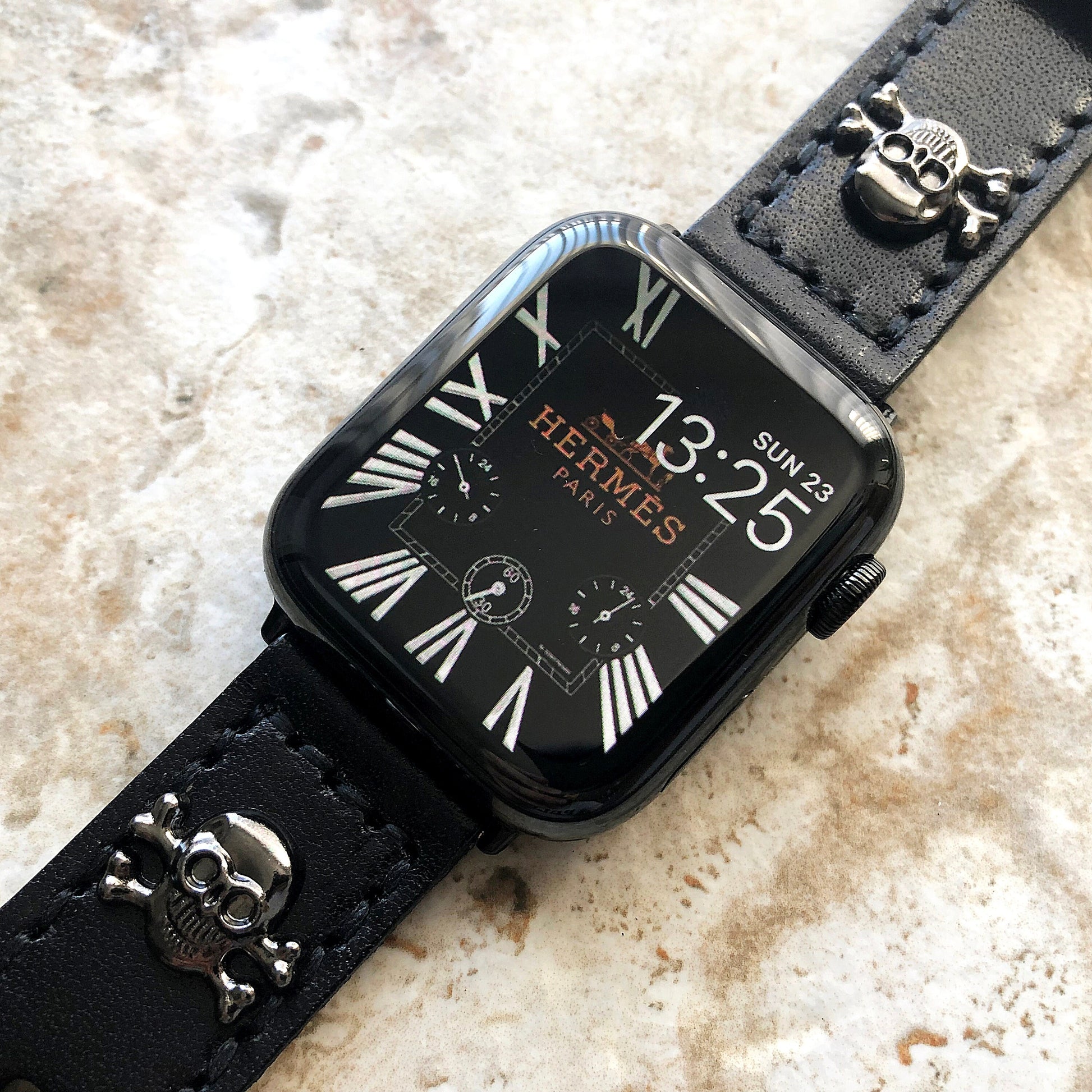 Apple Watch Band Black Leather Metal Rivets Skull Crossbones for Ultra 2 and 9 8 Series iWatch 41mm 45mm 49mm Handmade Bracelet Strap BL