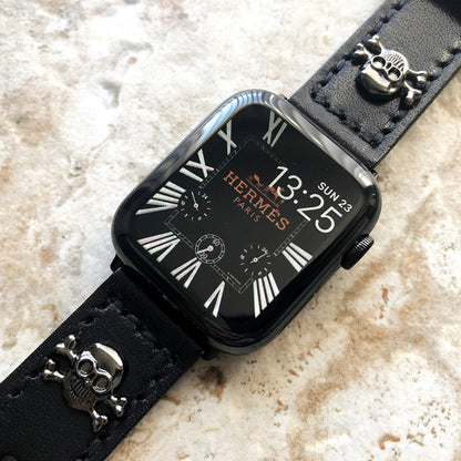 Apple Watch Band Black Leather Metal Rivets Skull Crossbones for Ultra 2 and 9 8 Series iWatch 41mm 45mm 49mm Handmade Bracelet Strap BL