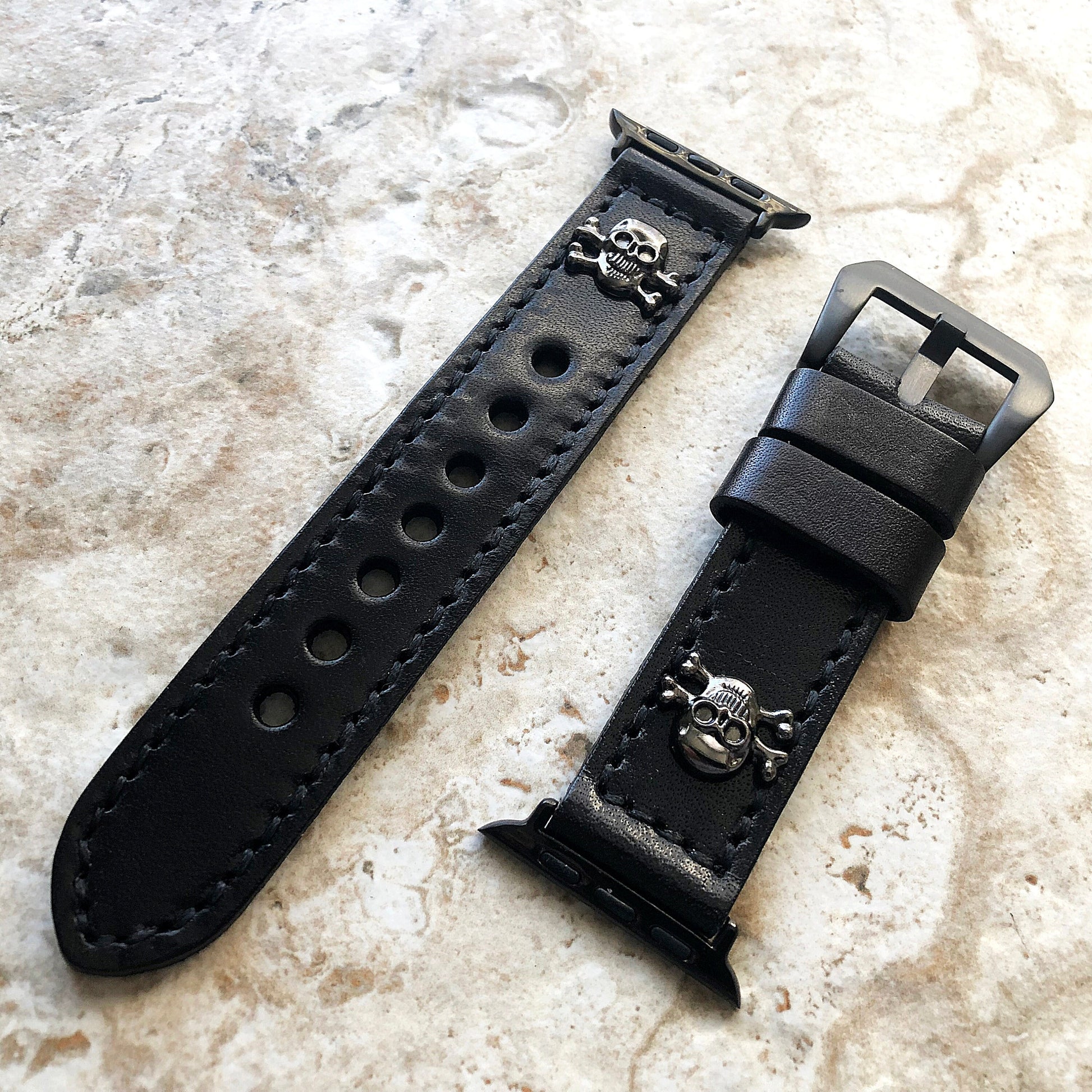 Apple Watch Band Black Leather Metal Rivets Skull Crossbones for Ultra 2 and 9 8 Series iWatch 41mm 45mm 49mm Handmade Bracelet Strap BL