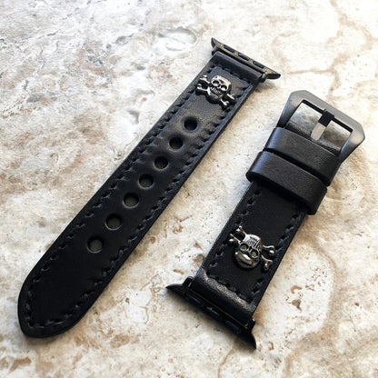 Apple Watch Band Black Leather Metal Rivets Skull Crossbones for Ultra 2 and 9 8 Series iWatch 41mm 45mm 49mm Handmade Bracelet Strap BL
