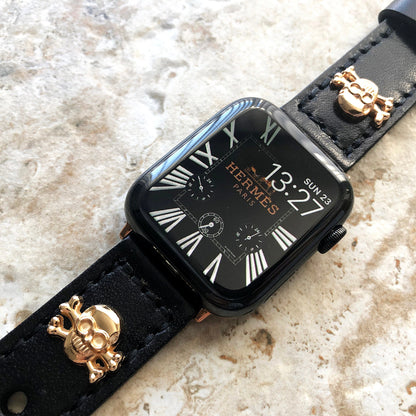 Apple Watch Band Black Leather Metal Rivets Skull Crossbones for Ultra 2 9 8 7 6 SE 5 4 3 2 1 iWatch 38 40 41 42mm 44mm 45mm 49mm Strap RGL