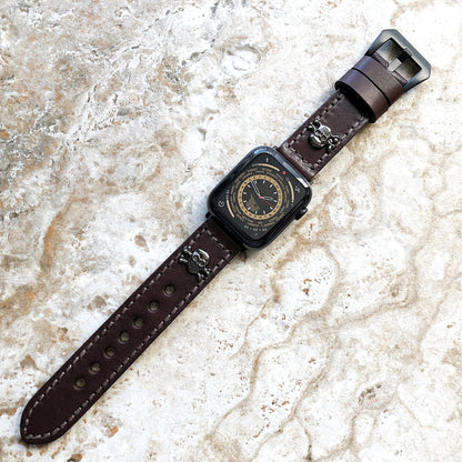 Apple Watch Band Brown Leather Metal Rivets Skull Crossbones for Ultra 2 and 9 8 Series iWatch 41mm 45mm 49mm Handmade Bracelet Strap BL