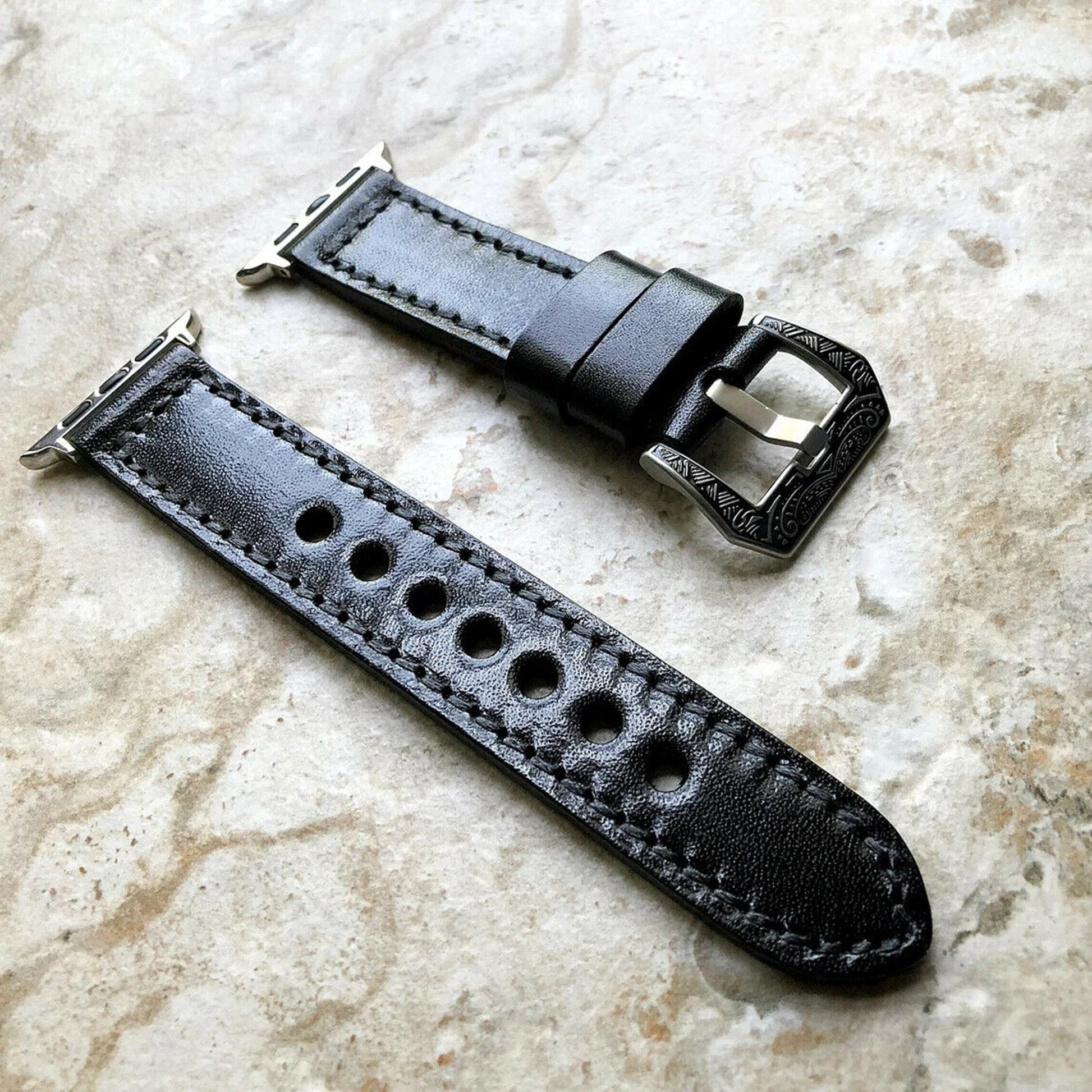 Black Band 22mm 24mm 25mm Leather Handmade Strap Compatible with Apple Watch Ultra 2 9 8 7 SE 6 5 4 3 2 1 Fitbit Versa 2 3 4 Sense 2 Ionic