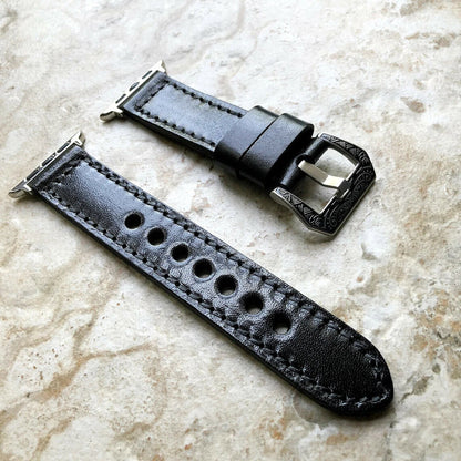 Black Band 22mm 24mm 25mm Leather Handmade Strap Compatible with Apple Watch Ultra 2 9 8 7 SE 6 5 4 3 2 1 Fitbit Versa 2 3 4 Sense 2 Ionic
