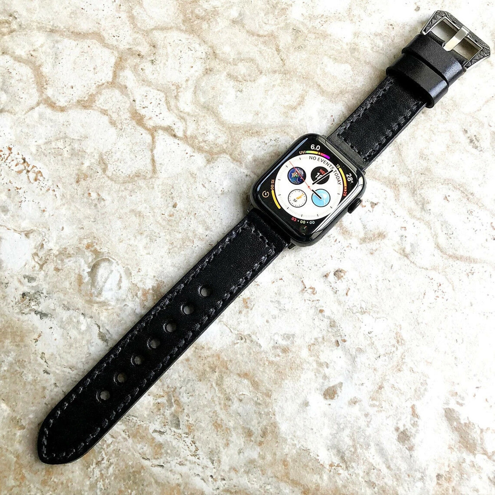 Black Band 22mm 24mm 25mm Leather Handmade Strap Compatible with Apple Watch Ultra 2 9 8 7 SE 6 5 4 3 2 1 Fitbit Versa 2 3 4 Sense 2 Ionic