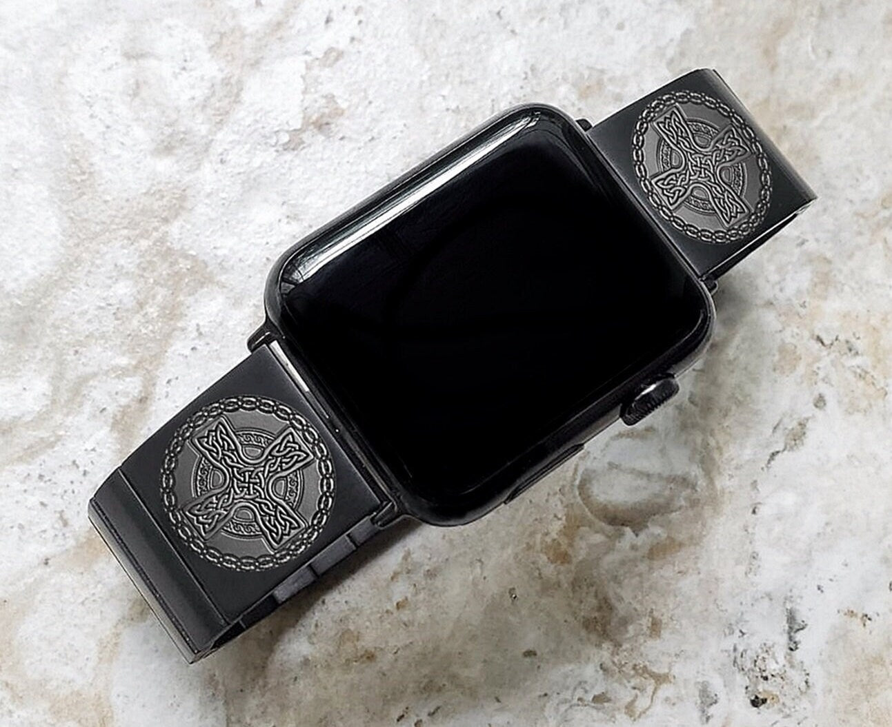 Engraved Watch Band Compatible with Apple iWatch Ultra 2 49mm and 9 8 Series 41mm 45mm Case Black Stainless Steel Tooled Bracelet Strap CC2