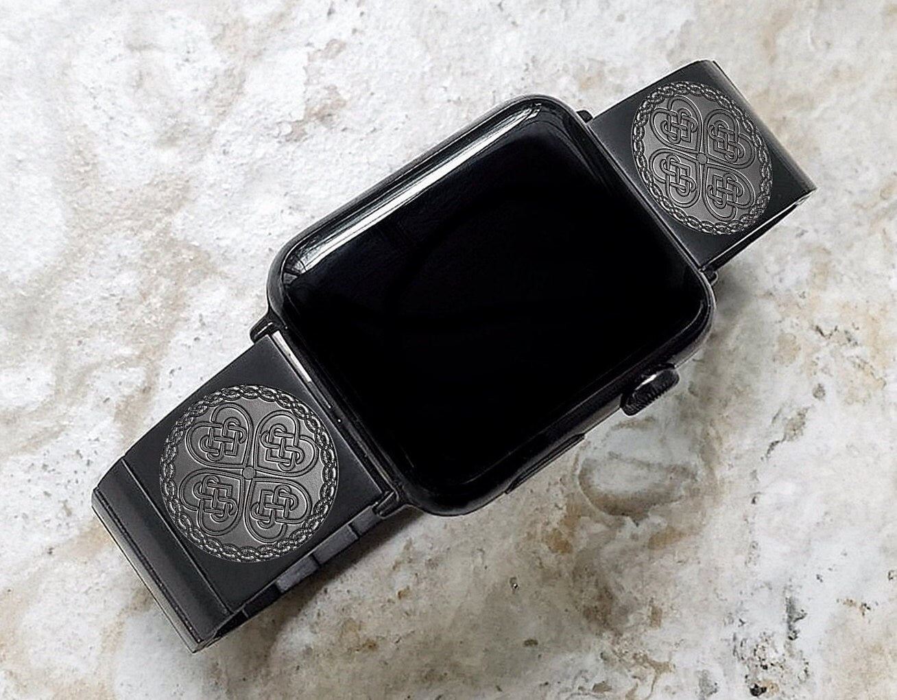 Engraved Watch Band Compatible with Apple iWatch Ultra 2 49mm and 9 8 Series 41mm 45mm Case Black Stainless Steel Tooled Strap Bracelet CC3