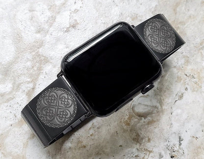 Engraved Watch Band Compatible with Apple iWatch Ultra 2 49mm and 9 8 Series 41mm 45mm Case Black Stainless Steel Tooled Strap Bracelet CC3