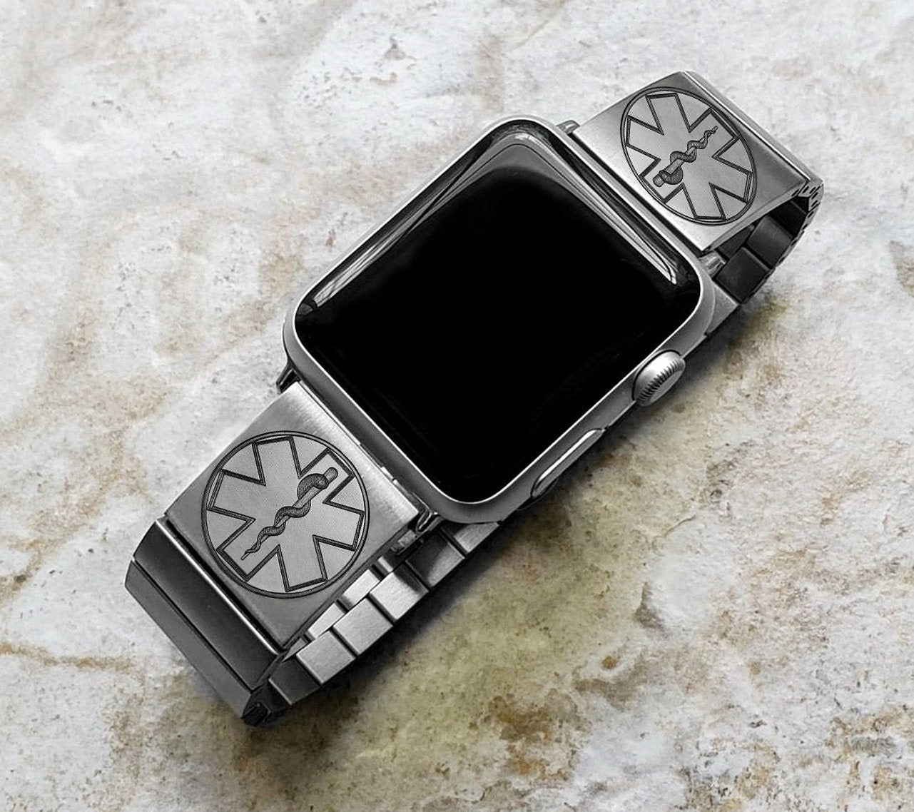 Engraved Watch Band Compatible with Apple iWatch Ultra 2 49mm and 9 8 Series 41mm 45mm Case Silver Stainless Steel Tooled Bracelet Strap MS2