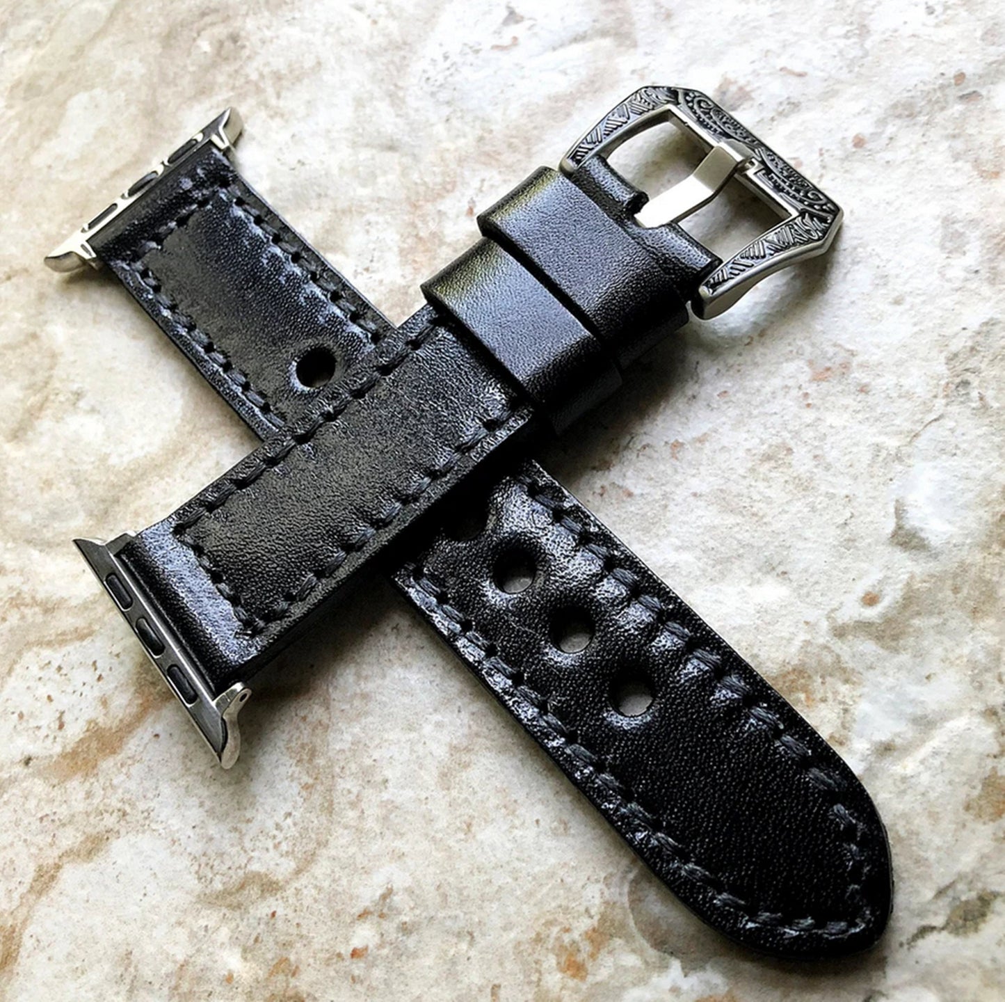 Limited Black Band 22mm 24mm 25mm Compatible with Apple Watch Fitbit Versa 2 3 4 Sense 2 Ionic Handmade Genuine Real Leather Strap