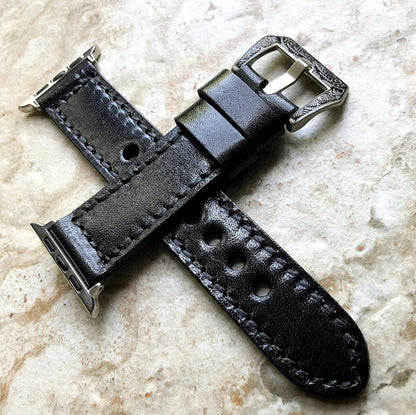 Limited Black Band 22mm 24mm 25mm Compatible with Apple Watch Fitbit Versa 2 3 4 Sense 2 Ionic Handmade Genuine Real Leather Strap