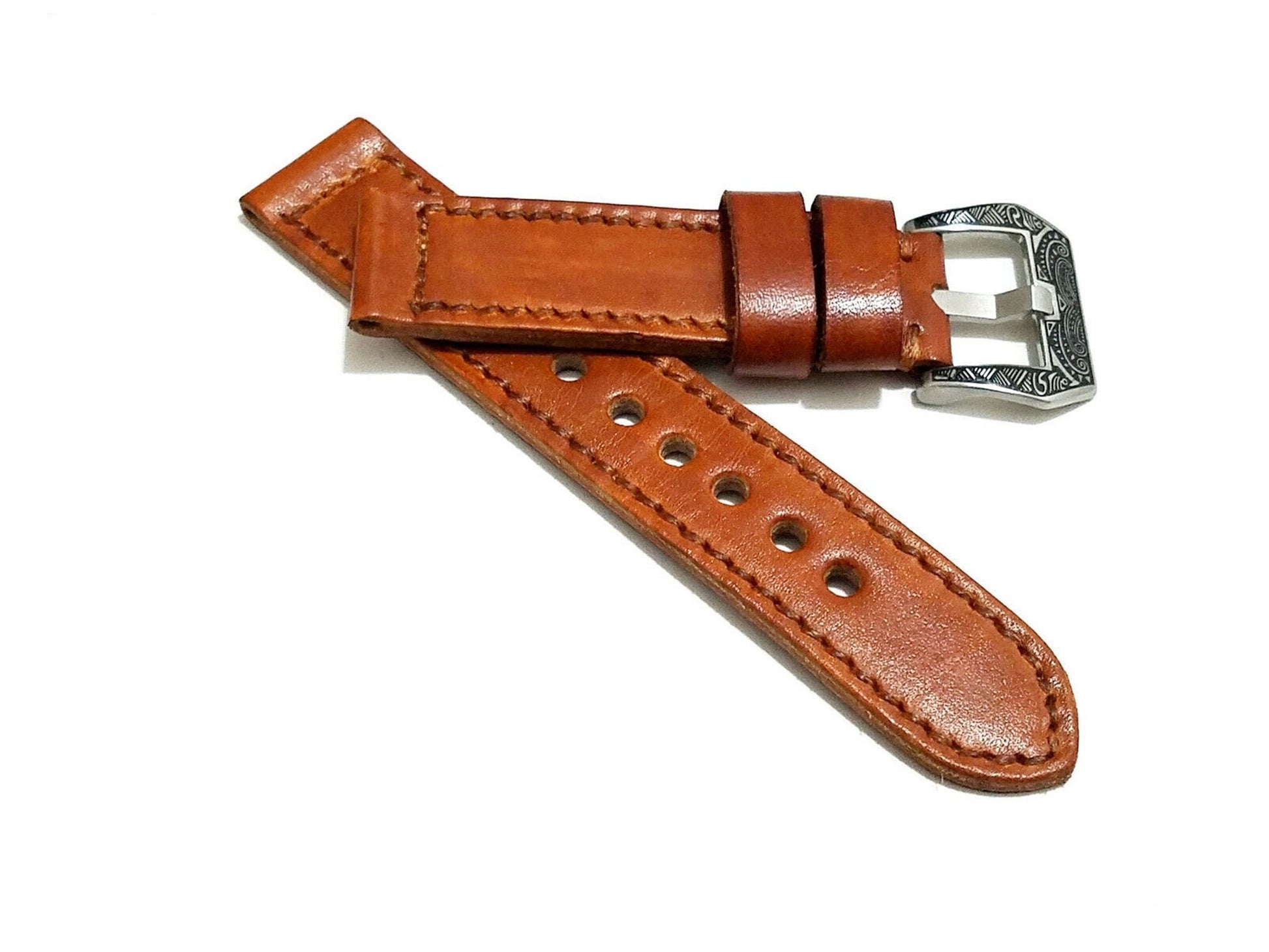 Light Brown 20mm 22mm 24mm Width Handmade Double Sided Stitched Premium Genuine Leather Watch Band Strap Kit for Watches - Pins Buckle Tool