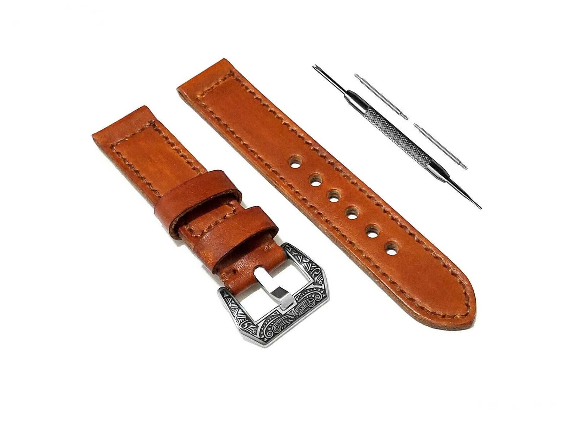 Light Brown 20mm 22mm 24mm Width Handmade Double Sided Stitched Premium Genuine Leather Watch Band Strap Kit for Watches - Pins Buckle Tool