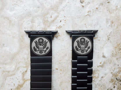 Engraved Watch Band Compatible with Apple iWatch Ultra 2 49mm and 9 8 Series 41mm 45mm Case Black Stainless Steel Tooled Strap Bracelet AS1