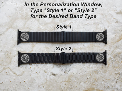Engraved Watch Band Compatible with Apple iWatch Ultra 2 49mm and 9 8 Series 41mm 45mm Case Black Stainless Steel Tooled Strap Bracelet AS1