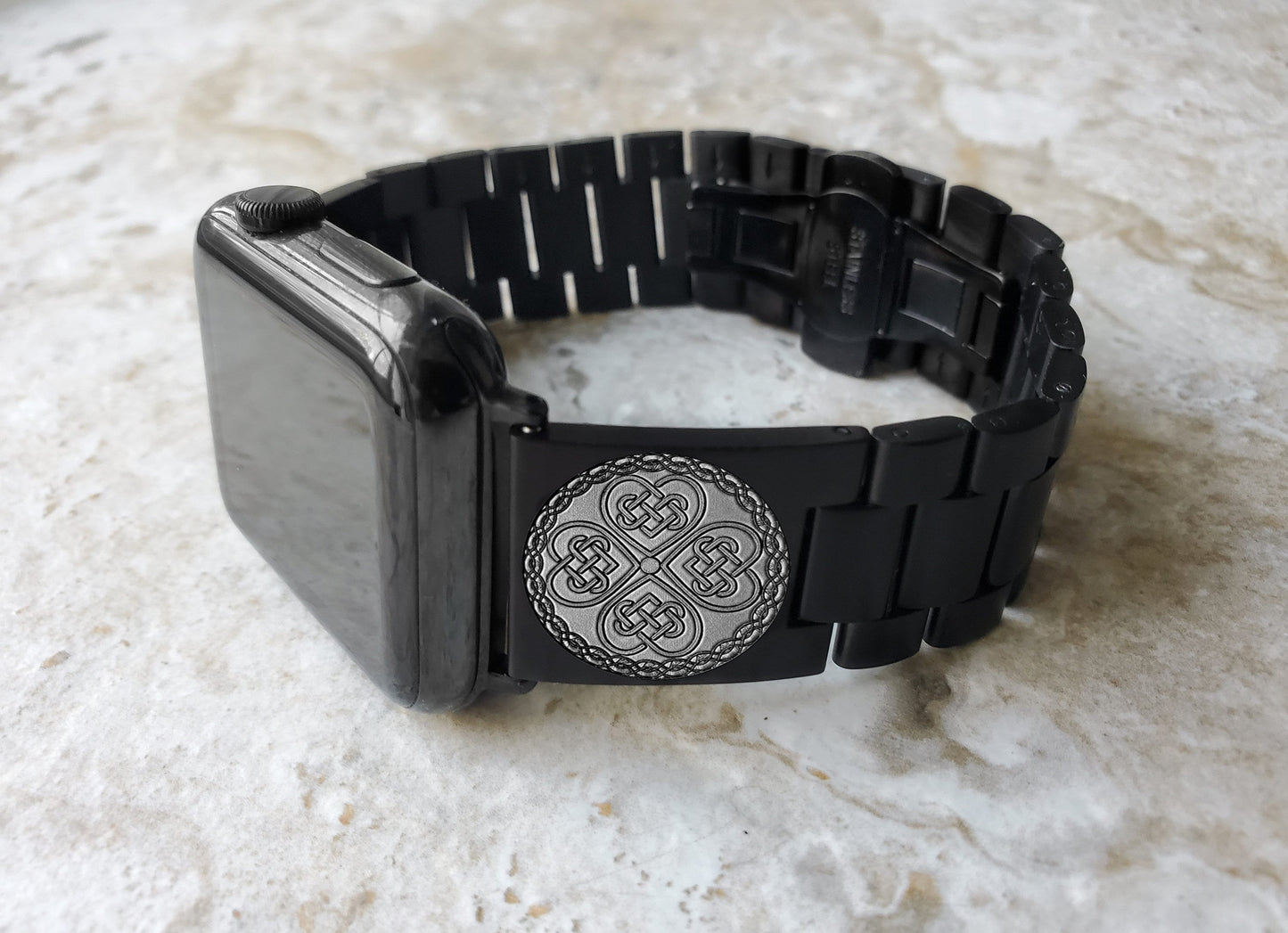 Engraved Watch Band Compatible with Apple iWatch Ultra 2 49mm and 9 8 Series 41mm 45mm Case Black Stainless Steel Tooled Strap Bracelet CC3