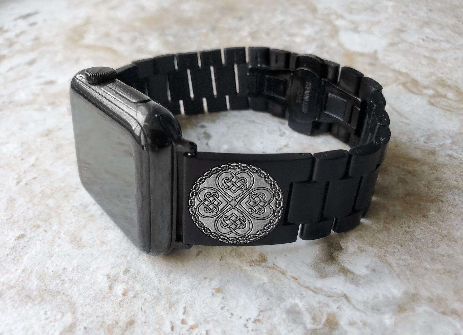 Engraved Watch Band Compatible with Apple iWatch Ultra 2 49mm and 9 8 Series 41mm 45mm Case Black Stainless Steel Tooled Strap Bracelet CC3