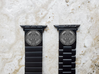 Engraved Watch Band Compatible with Apple iWatch Ultra 2 49mm and 9 8 Series 41mm 45mm Case Black Stainless Steel Tooled Bracelet Strap CC2