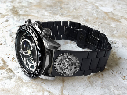 Engraved Watch Band for 22mm Width Lugs Traditional Casual Luxury and Smartwatches Black Color Stainless Steel Bracelet Strap CC2