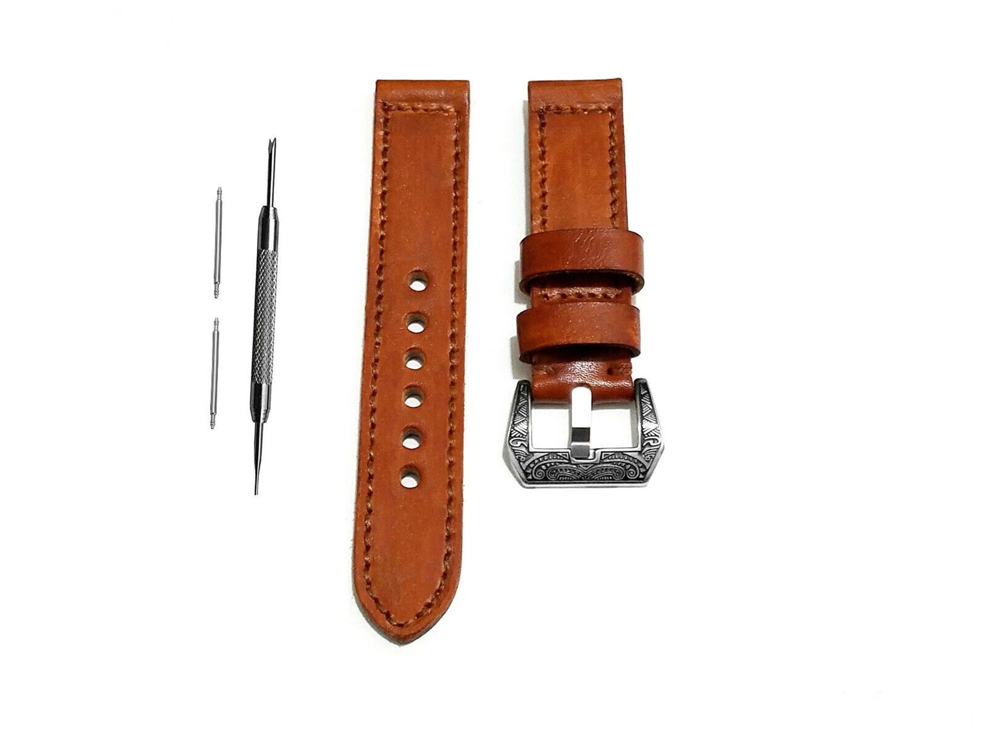 Light Brown 20mm 22mm 24mm Width Handmade Double Sided Stitched Premium Genuine Leather Watch Band Strap Kit for Watches - Pins Buckle Tool