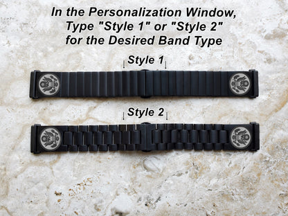 Engraved Watch Band Compatible with Fitbit Versa Lite 2 3 4 and Sense 2 Smartwatches Black Color Stainless Steel Bracelet Strap AS1