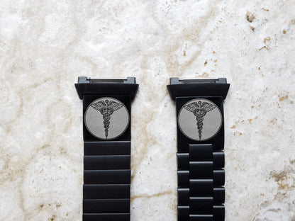Engraved Watch Band Compatible with Fitbit Ionic Smartwatches Black Color Stainless Steel Strap Bracelet with Quick Release Adapters MS1