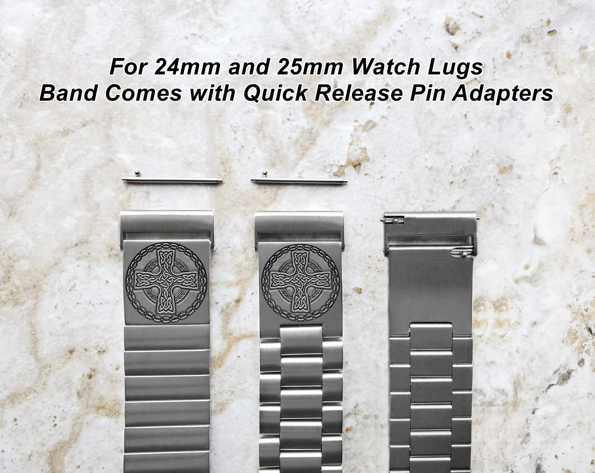 Engraved Watch Band for 22mm 24mm 25mm Lugs Traditional Casual Luxury and Smartwatches Silver Color Stainless Steel Strap Bracelet CC2